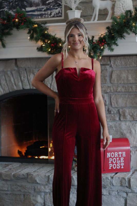 Last Christmas Velvet Jumpsuit- Burgundy | TALL