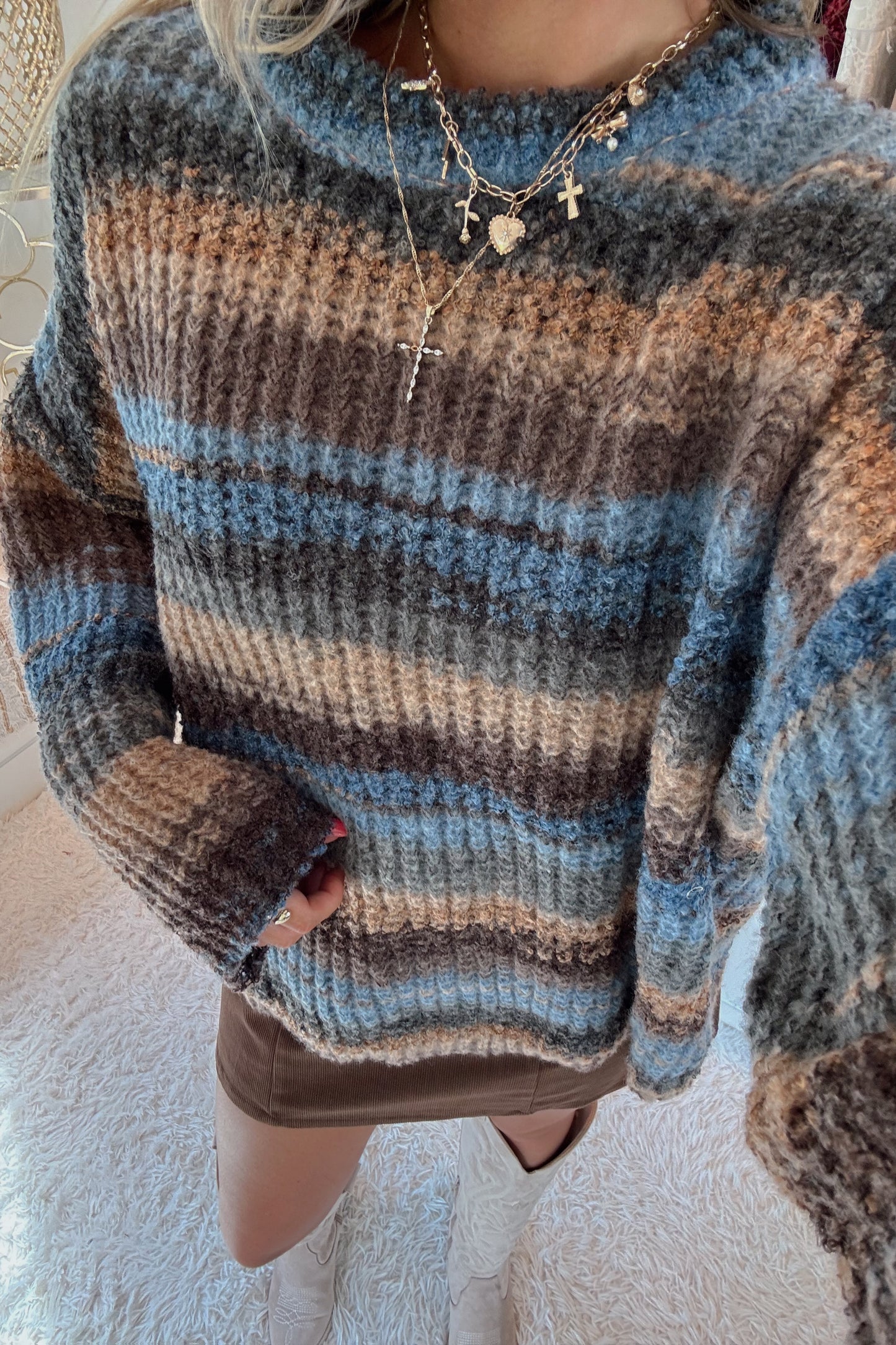 Lisa Knit Striped Sweater- Brown Blue Mix