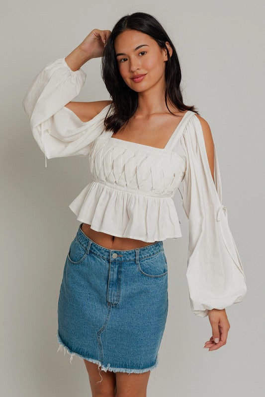 Cold Shoulder Long Sleeve Square Neck Detail Top