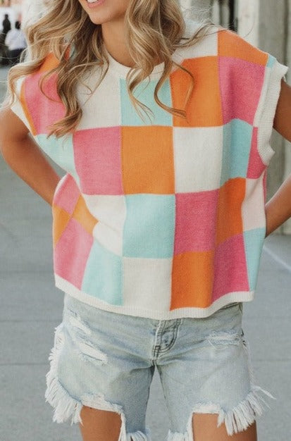 Multi-Color Checker Sweater Vest