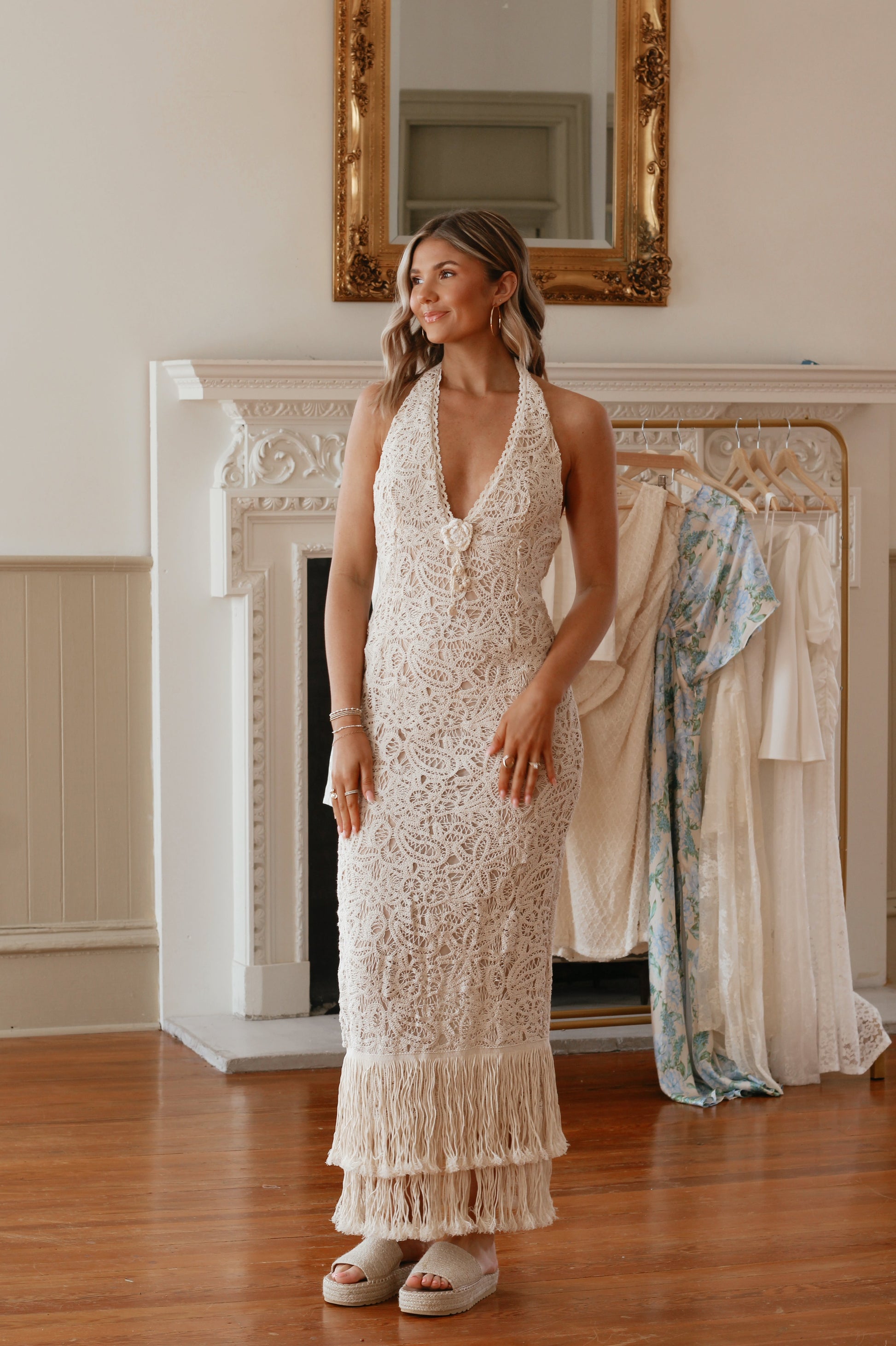 Isla Crochet Fringe Halter Maxi Dress Large