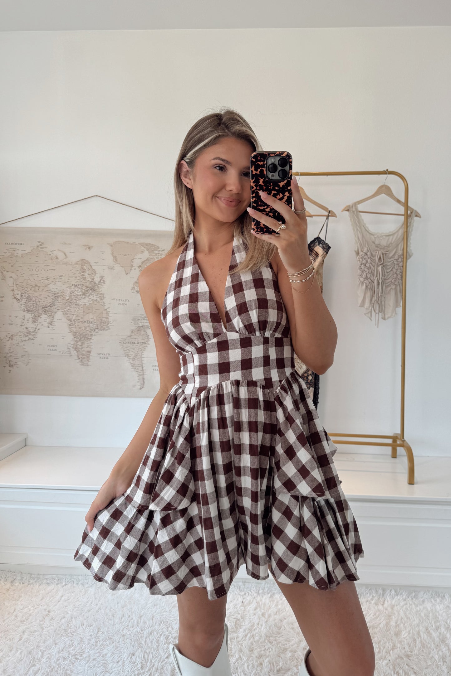 Mocha Meadows Gingham Romper- Chocolate