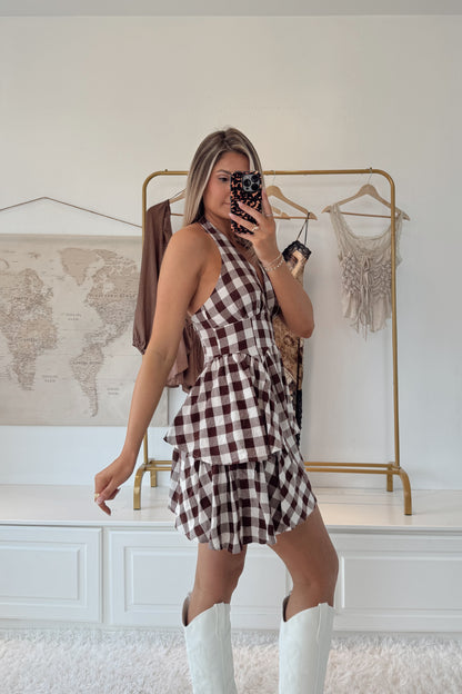 Mocha Meadows Gingham Romper- Chocolate