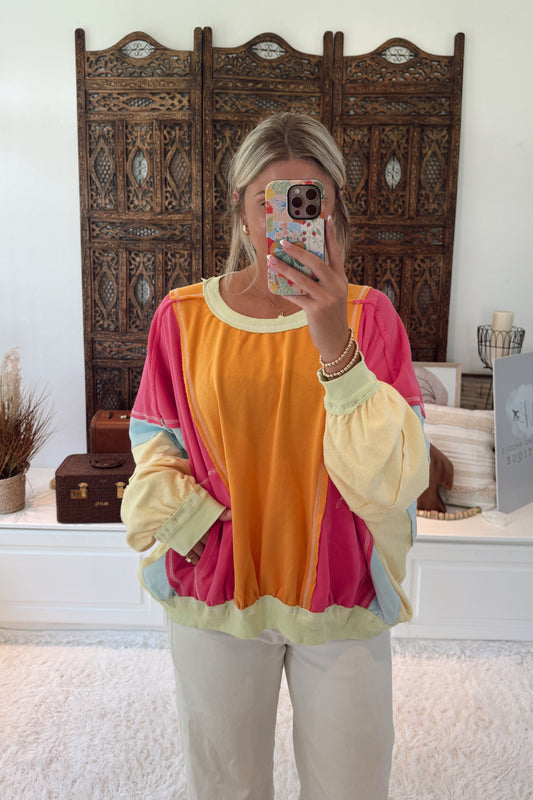 Ms. Johnson Vintage Washed Pullover- Banana/Fuchsia/Lime