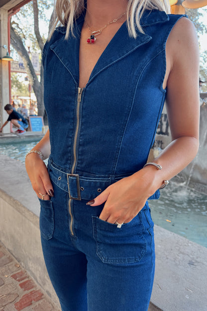 Stockyards Sleeveless Jumpsuit- Dark Denim