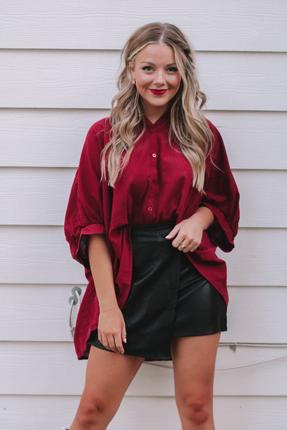 Go Team Oversized Button Shirt- Red Wine