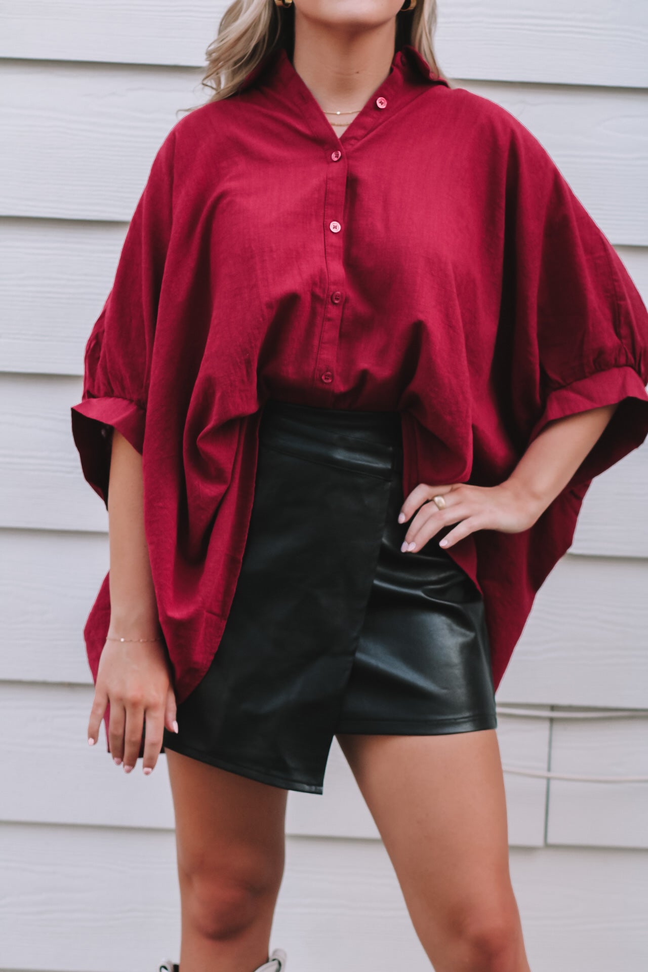 Go Team Oversized Button Shirt- Red Wine