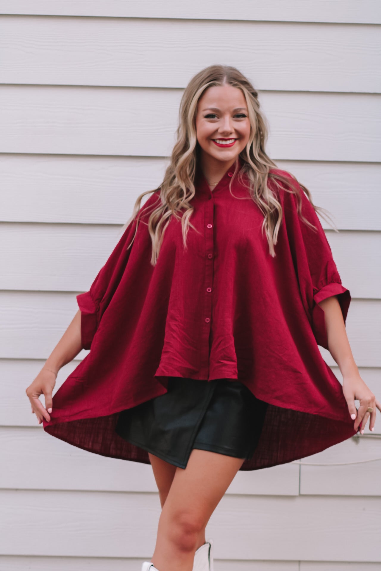 Go Team Oversized Button Shirt- Red Wine