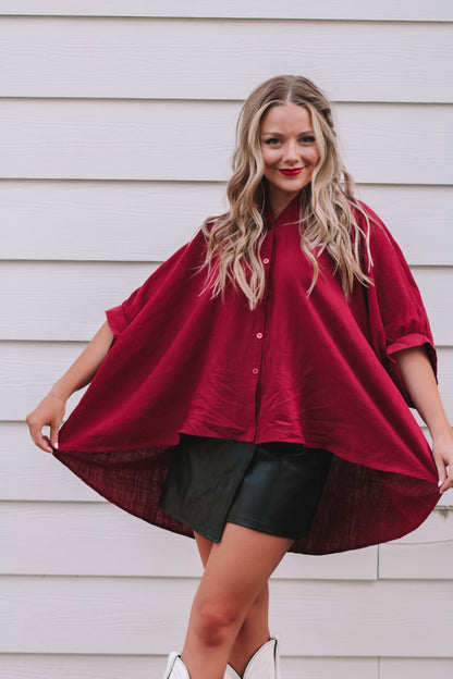 Go Team Oversized Button Shirt- Red Wine