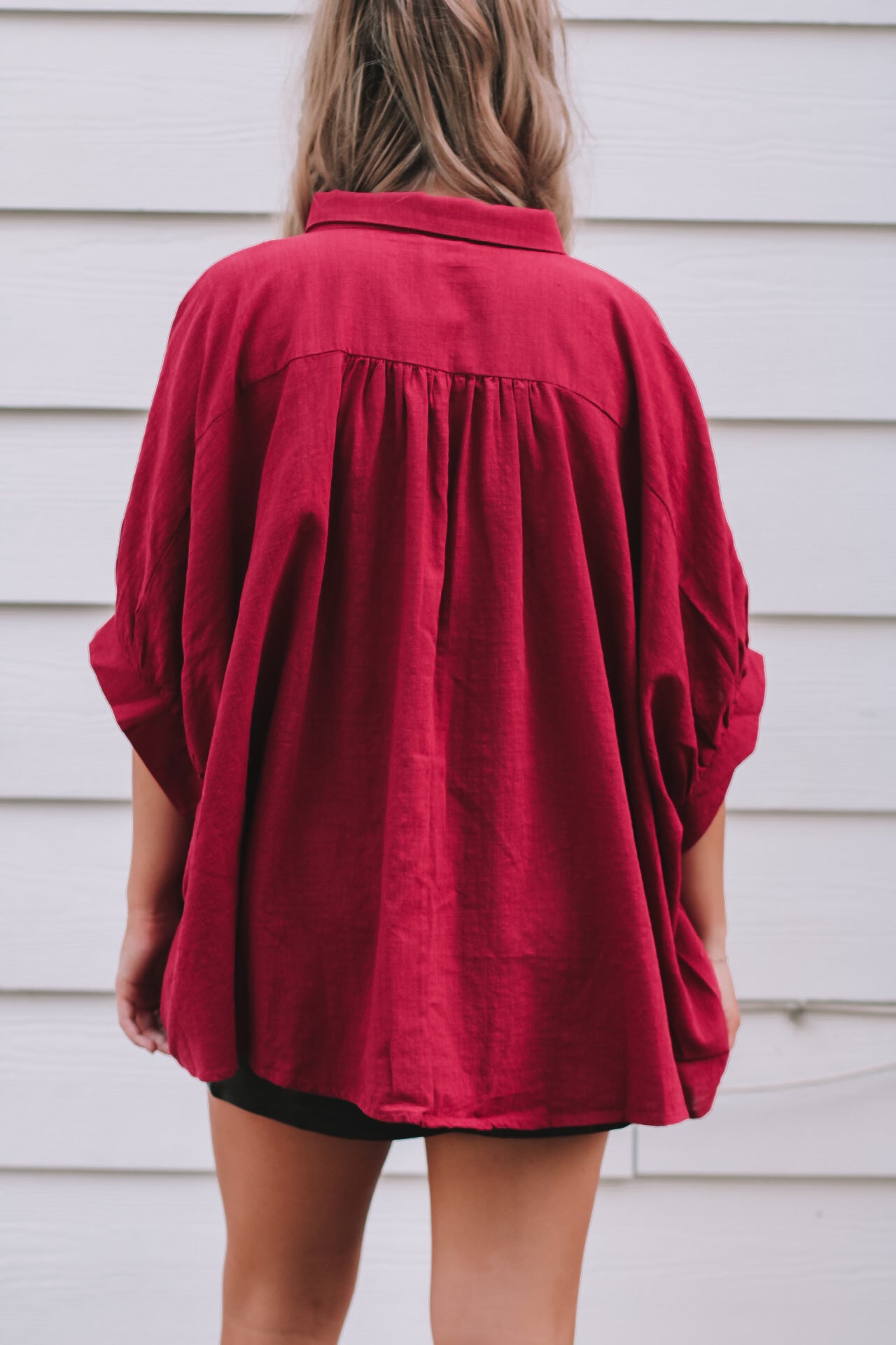 Go Team Oversized Button Shirt- Red Wine