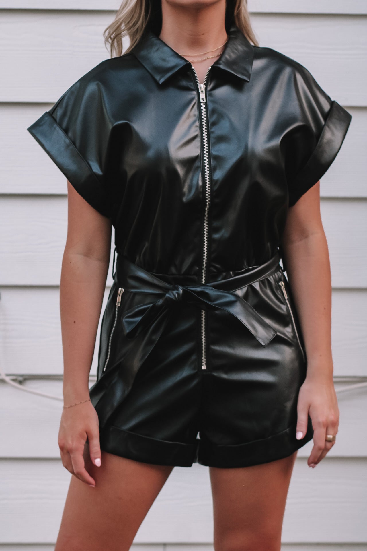 Game Day Leather Romper- Black