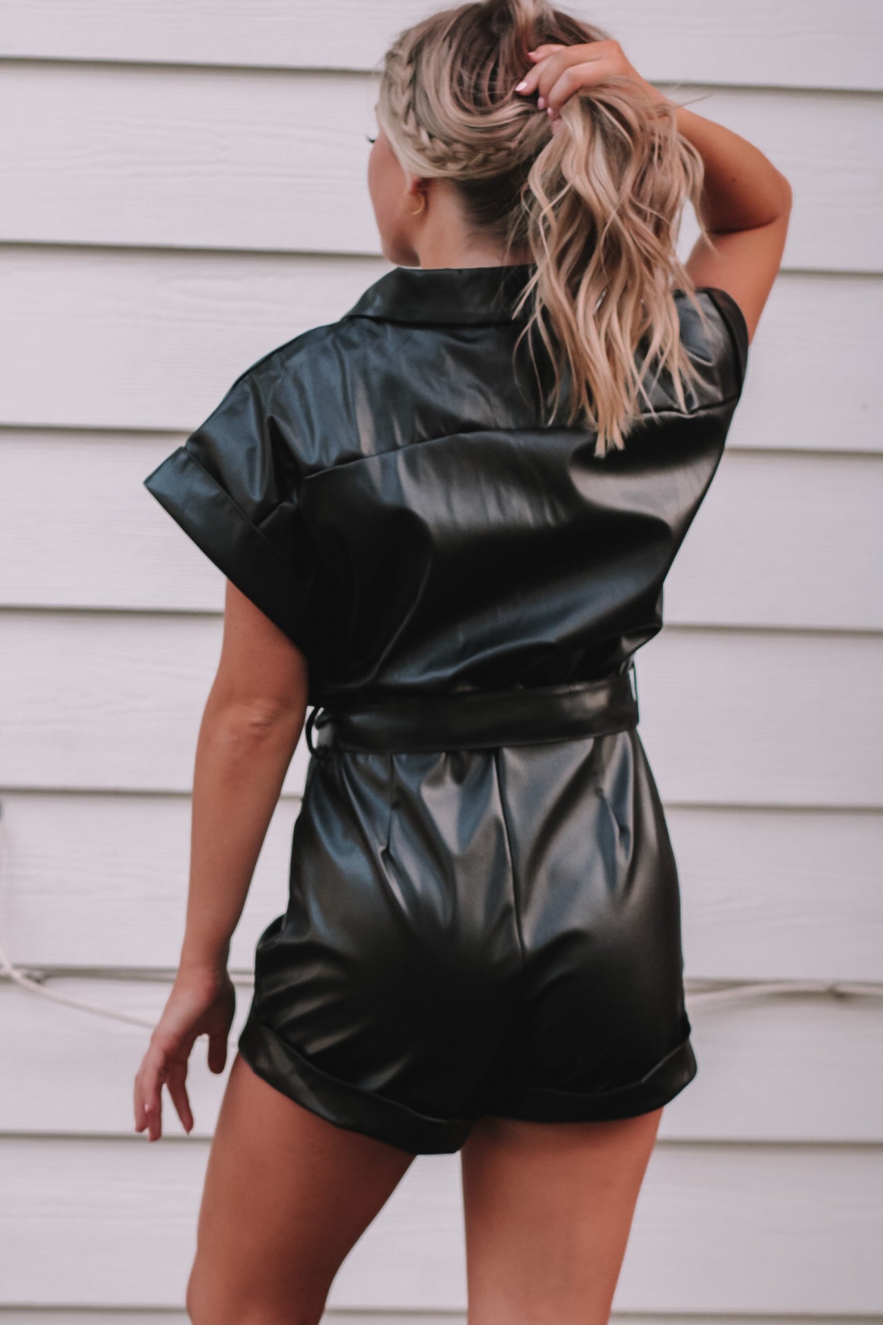 Game Day Leather Romper- Black