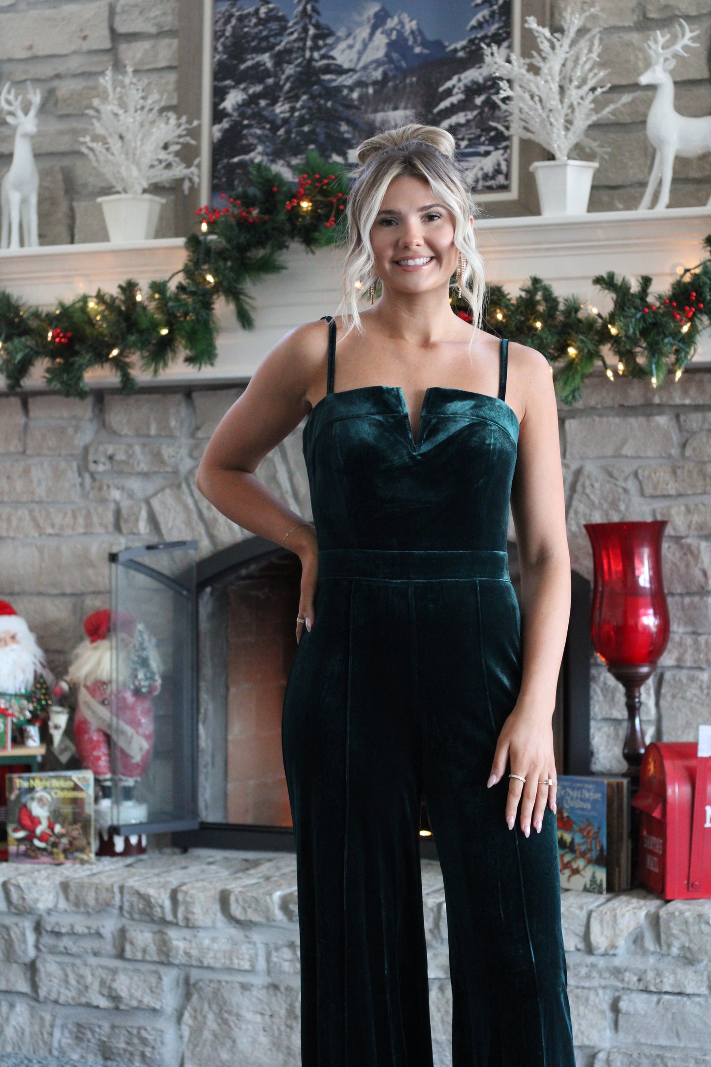 Last Christmas Velvet Jumpsuit- Hunter Green | TALL