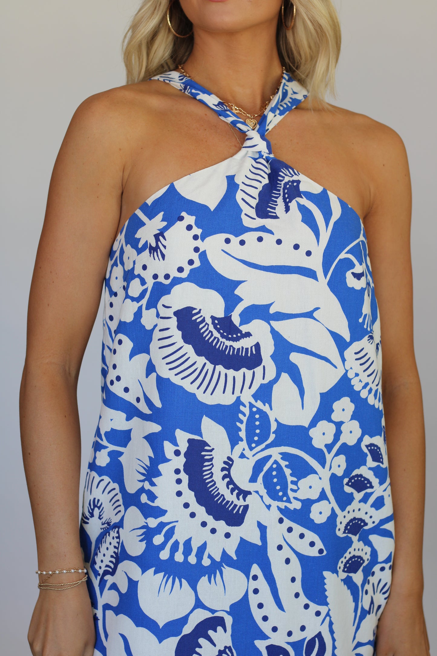 Emma Floral Halter Mini Dress- Blue/White