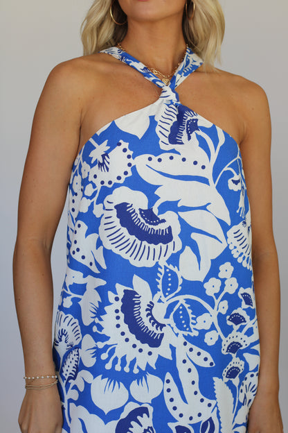 Emma Floral Halter Mini Dress- Blue/White