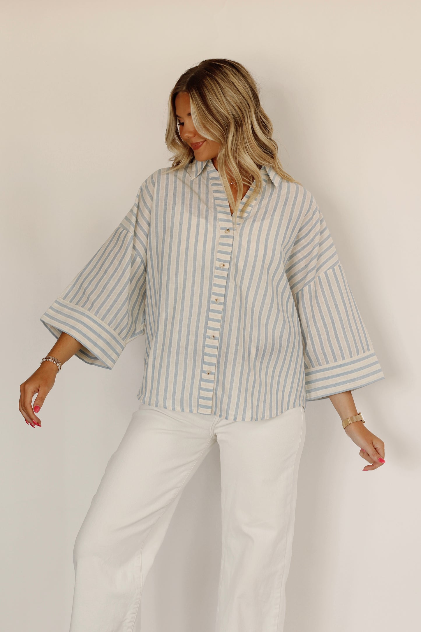 Mrs. Holts Stripe Button Down Shirt- Cloud Blue