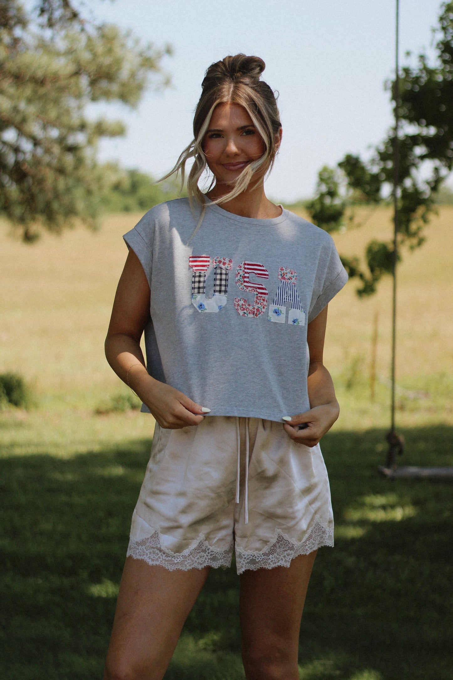 USA Floral Patchwork Tee- Gray