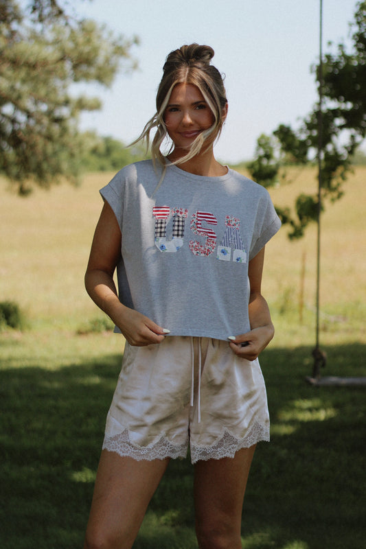 USA Floral Patchwork Tee- Gray