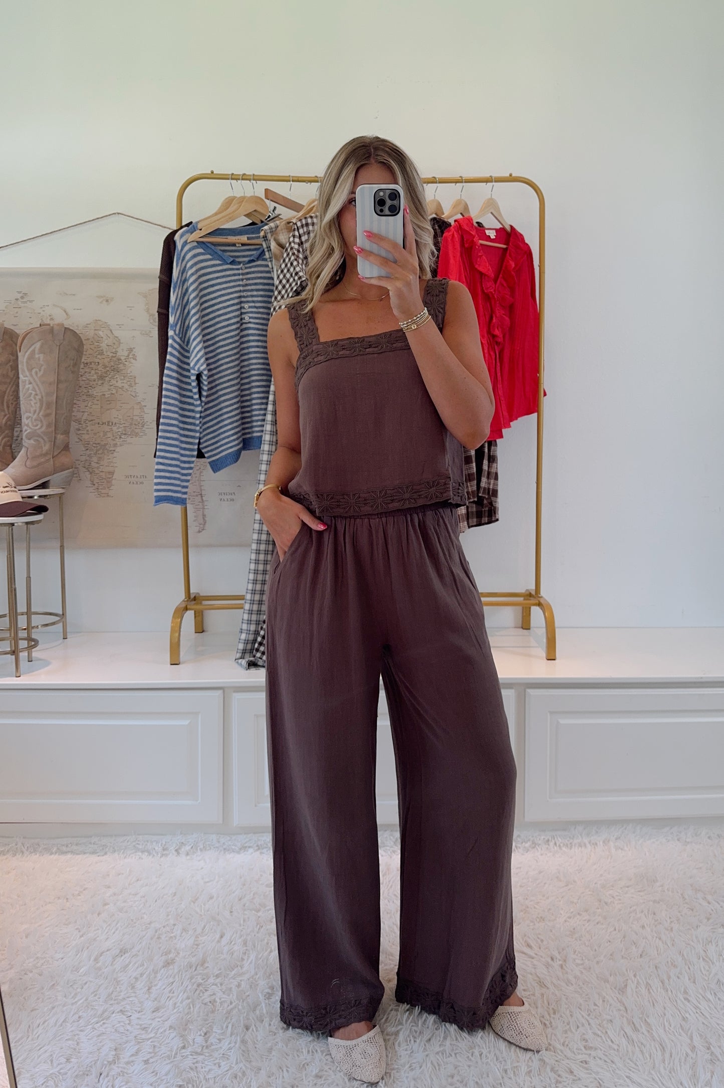Miss Lingus Embroidered Pant Set- Brown
