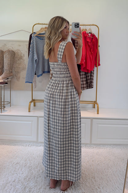 Ms. Flacco’s Plaid Maxi Dress- Cream/Blue/Brown