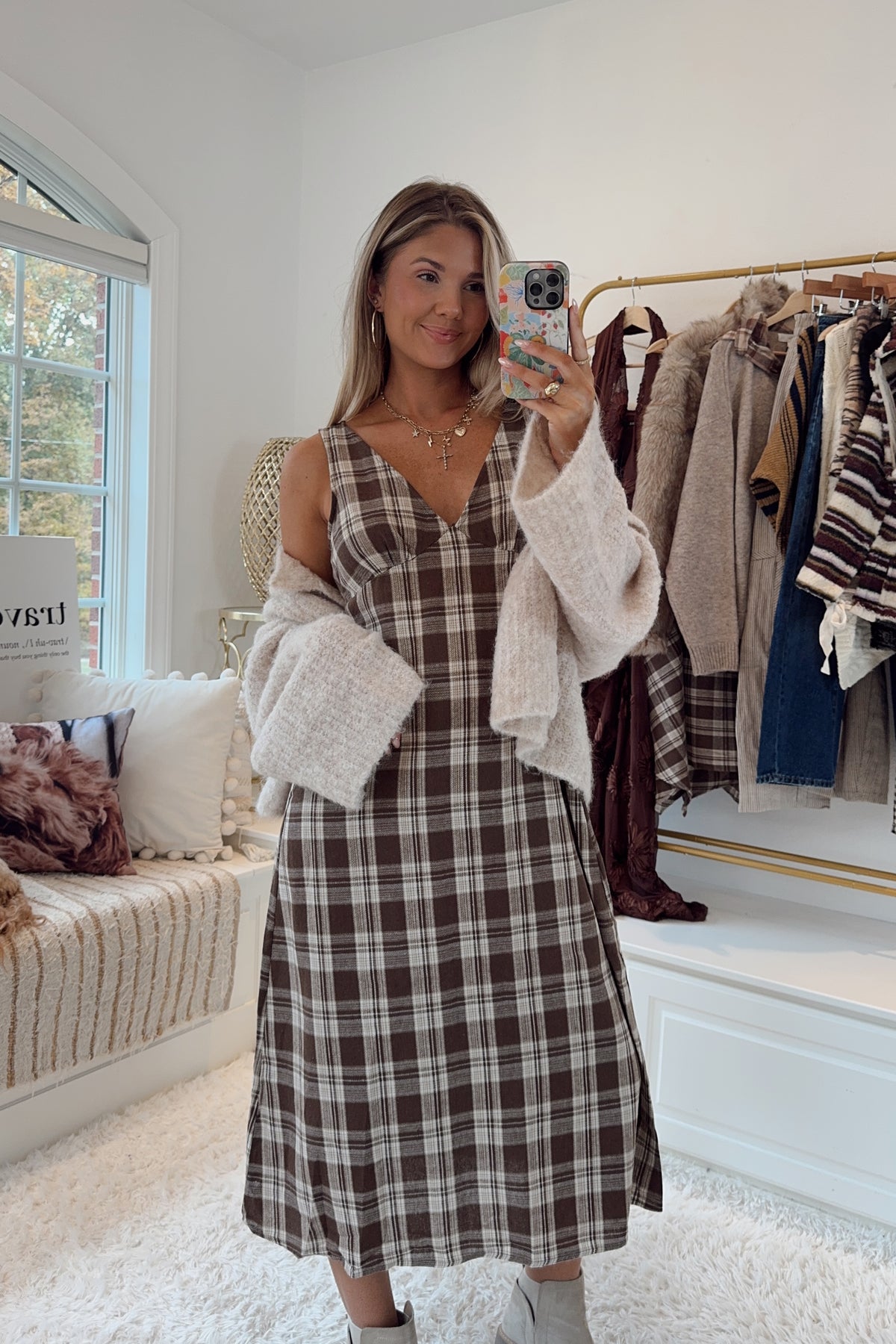 The Bailey Plaid V-Neck Midi Dress- Brown