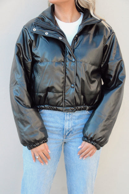 5th Ave Faux Leather Puffer Jacket- Black