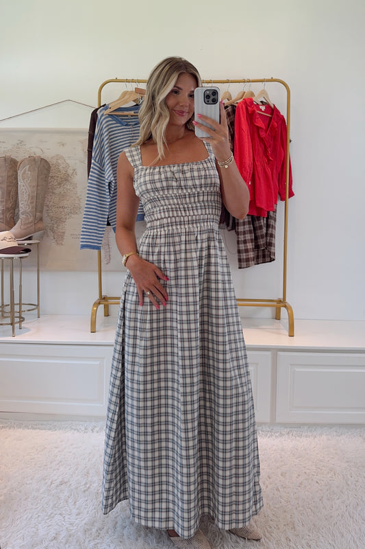 Ms. Flacco’s Plaid Maxi Dress- Cream/Blue/Brown