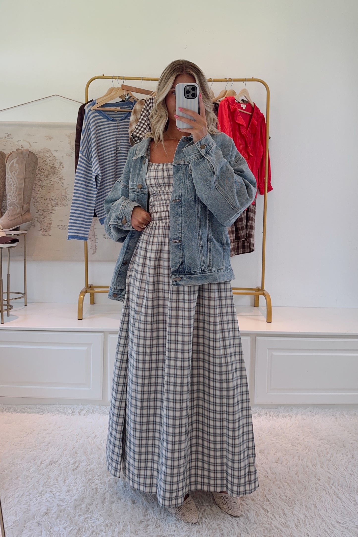 Ms. Flacco’s Plaid Maxi Dress- Cream/Blue/Brown