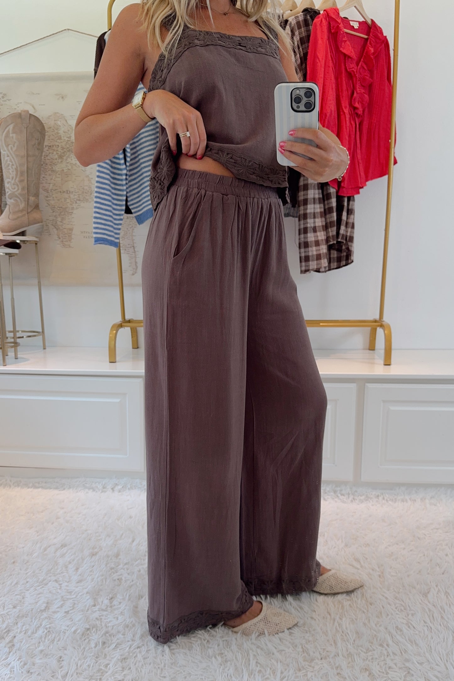 Miss Lingus Embroidered Pant Set- Brown