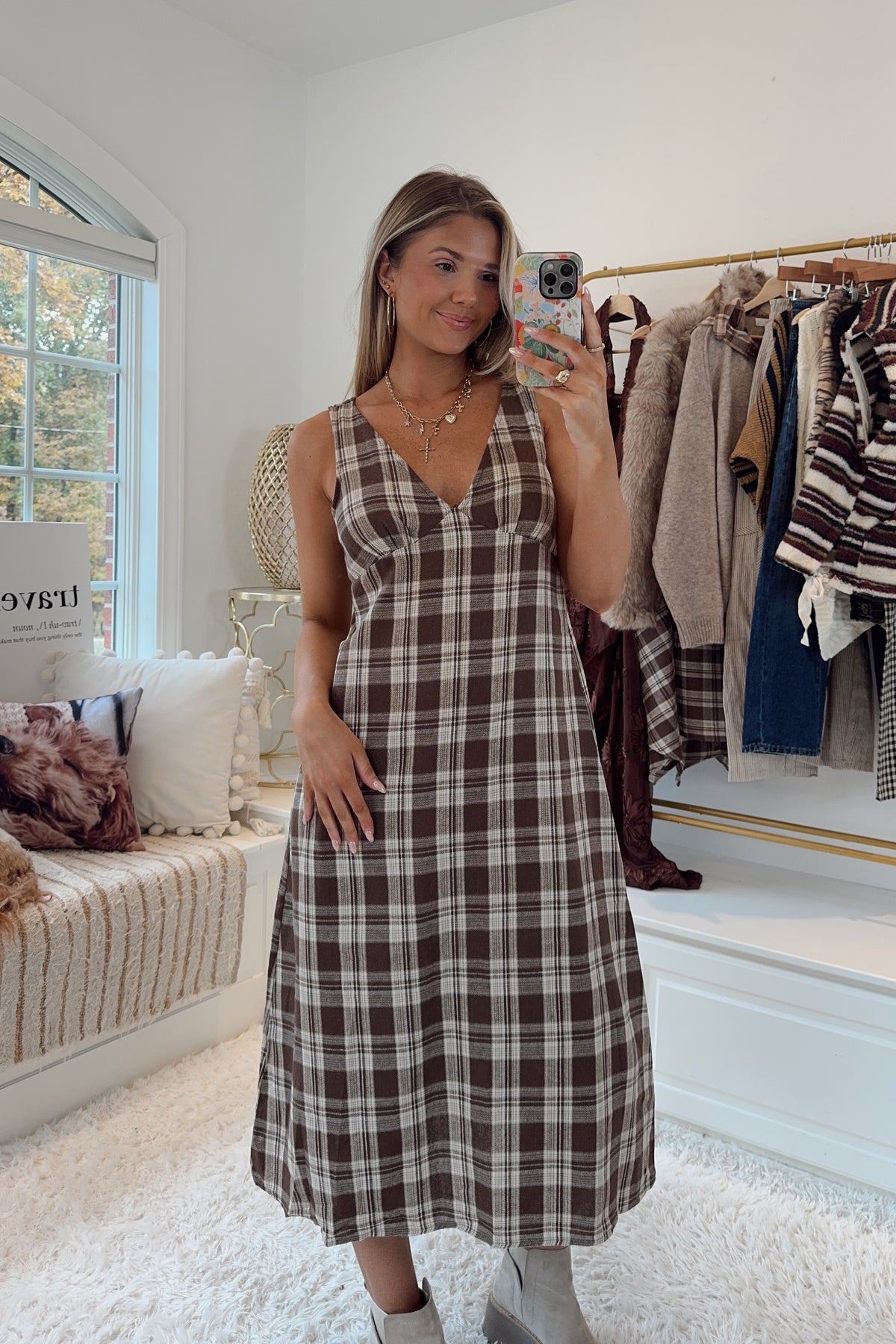 The Bailey Plaid V-Neck Midi Dress- Brown