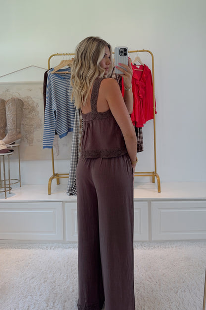 Miss Lingus Embroidered Pant Set- Brown
