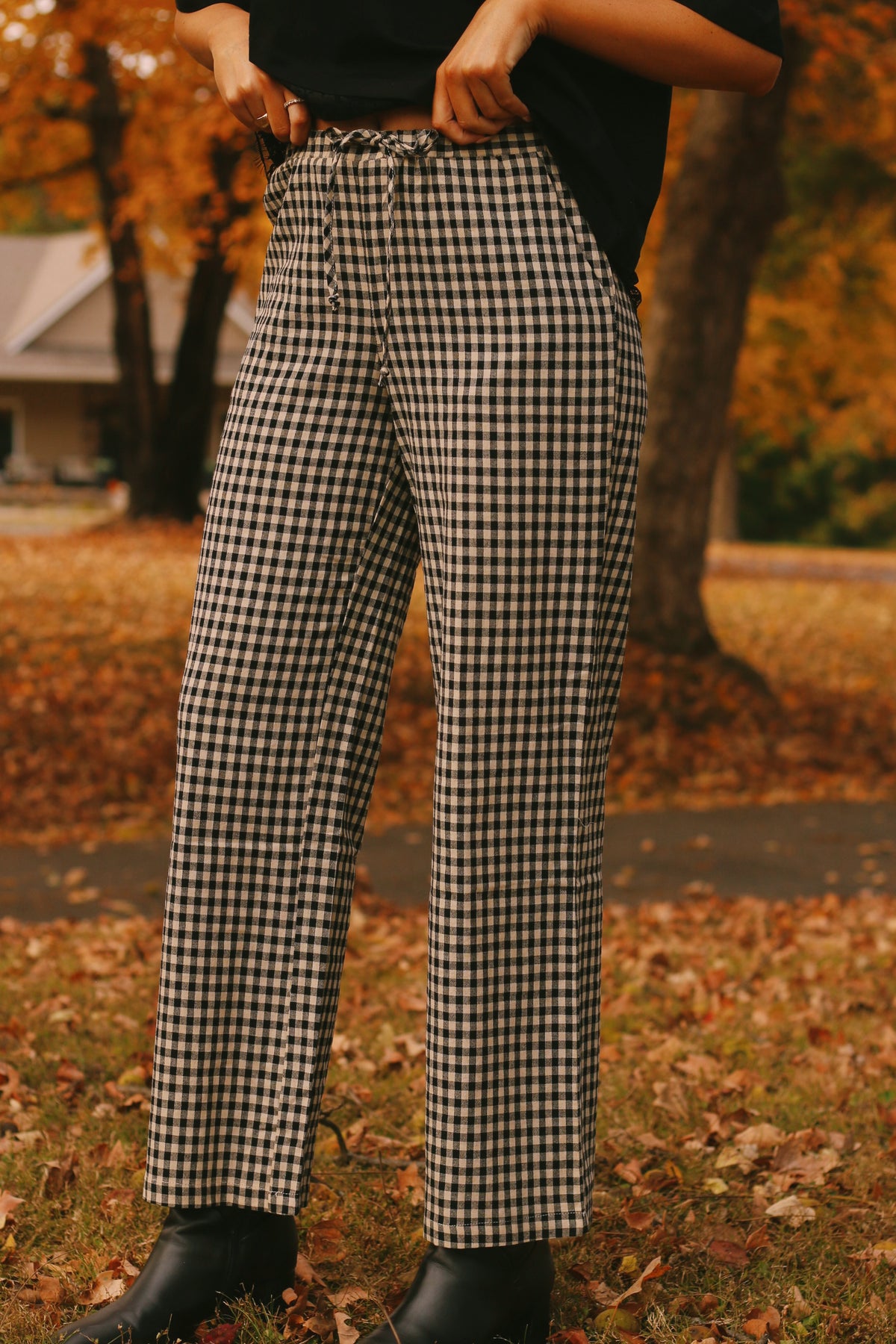 The Gabrielle Gingham Pants- Black/Taupe