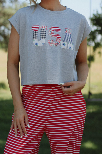 USA Floral Patchwork Tee- Gray