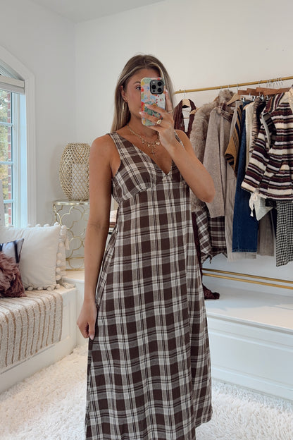 The Bailey Plaid V-Neck Midi Dress- Brown