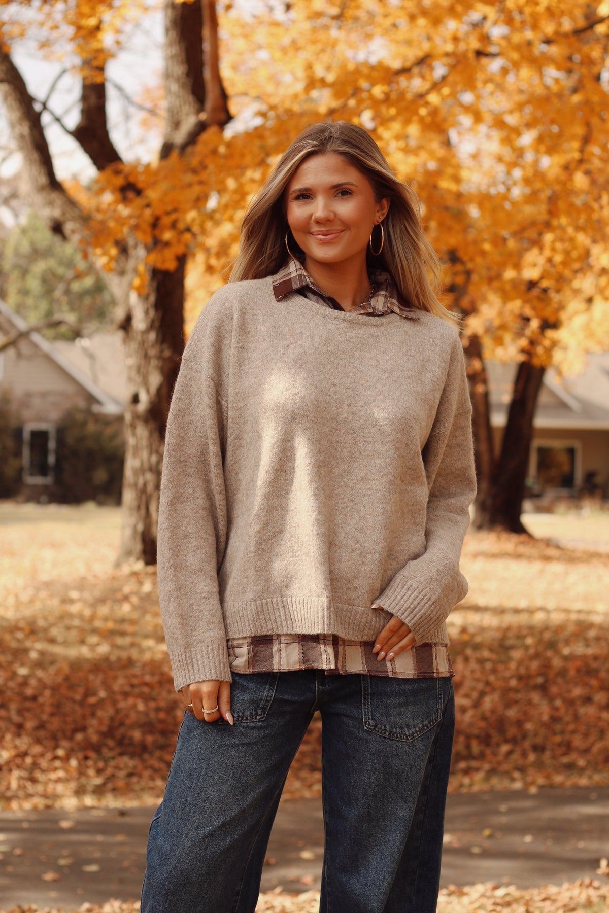 The Alyssa Plaid Button Down Layered Sweater- Taupe