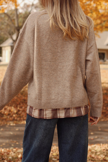 The Alyssa Plaid Button Down Layered Sweater- Taupe