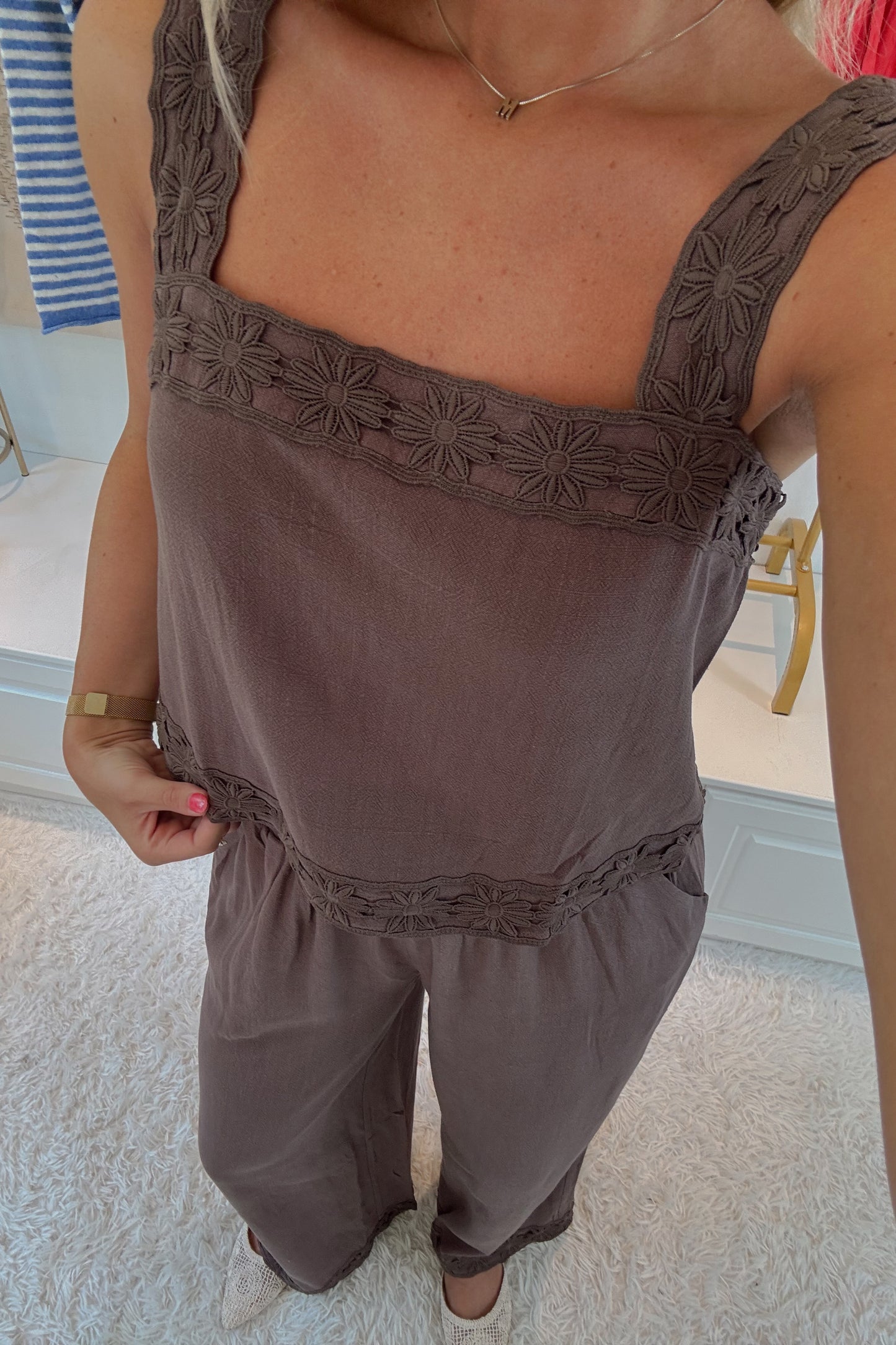 Miss Lingus Embroidered Pant Set- Brown