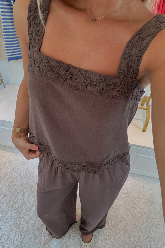 Miss Lingus Embroidered Pant Set- Brown