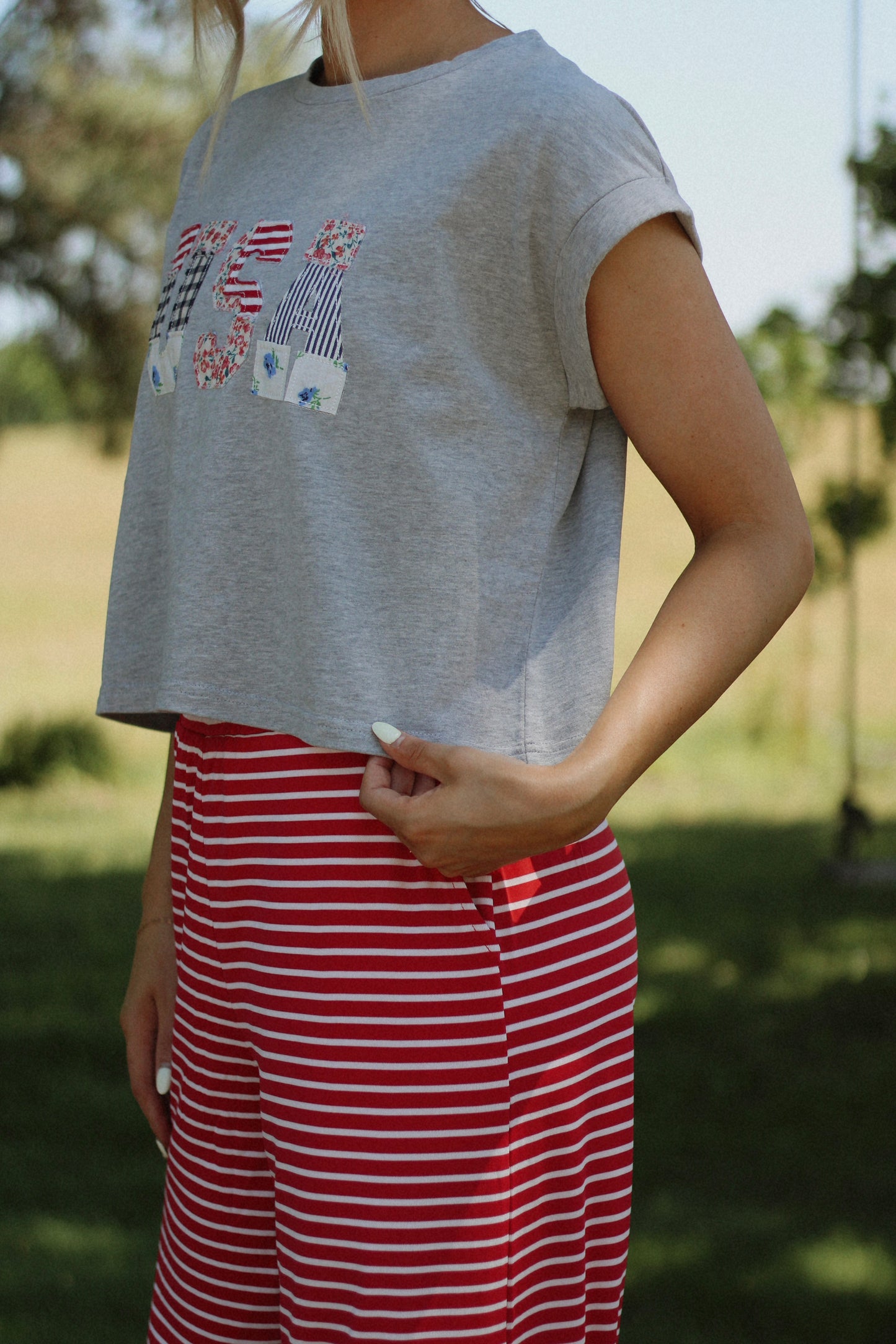 USA Floral Patchwork Tee- Gray