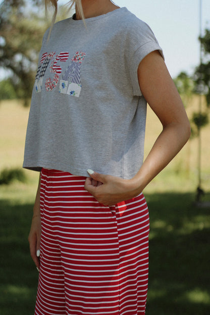 USA Floral Patchwork Tee- Gray