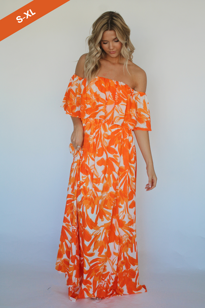 Tropical Dreamsicle Off Shoulder Maxi Dress- White/Orange