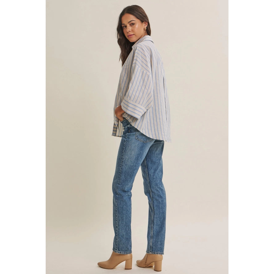 Mrs. Holts Stripe Button Down Shirt- Cloud Blue