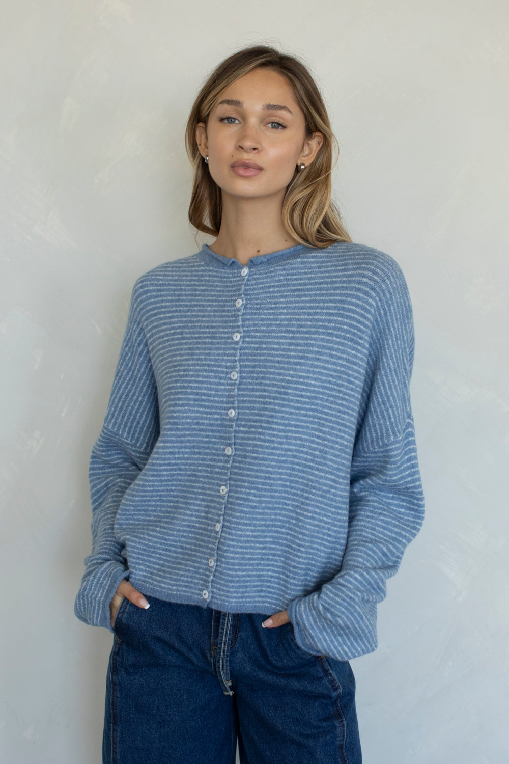 Haven Cardigan- Dusty Blue Pinstripe