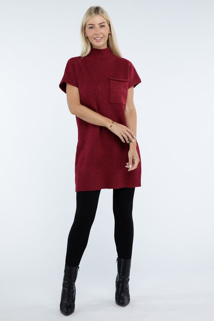 Mock Neck Short Sleeve Sweater Dress with Pocket