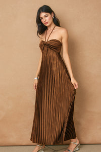Maple Pleated Maxi Dress- Shimmer Brown