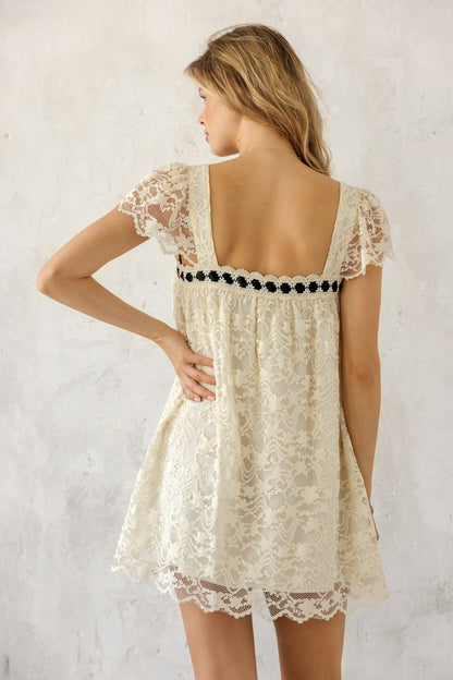 Ribbon and Lace Mini Dress- Cream/Black