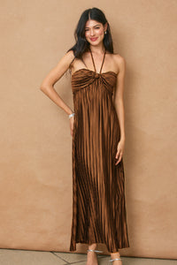 Maple Pleated Maxi Dress- Shimmer Brown