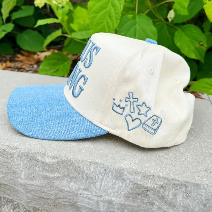 Jesus is King Hat- Cream/Denim