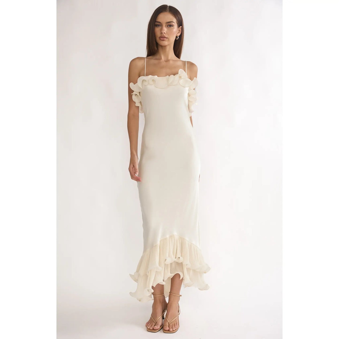 *PRE ORDER* Bridal Bliss Low Back Ruffle Trim Maxi Dress- Oyster 7/9