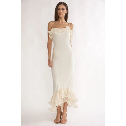 *PRE ORDER* Bridal Bliss Low Back Ruffle Trim Maxi Dress- Oyster 7/9